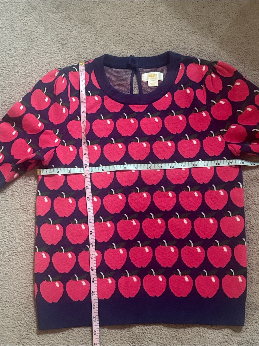 Anthropologie Maeve Navy Short-Sleeve Sweater with Red Apple Motif! - Picture 6 of 8